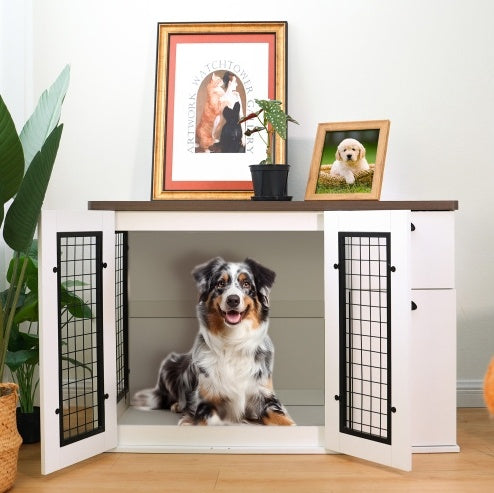 Wooden Furniture-Style Dog Cage, Double Door with Side Cabinet.