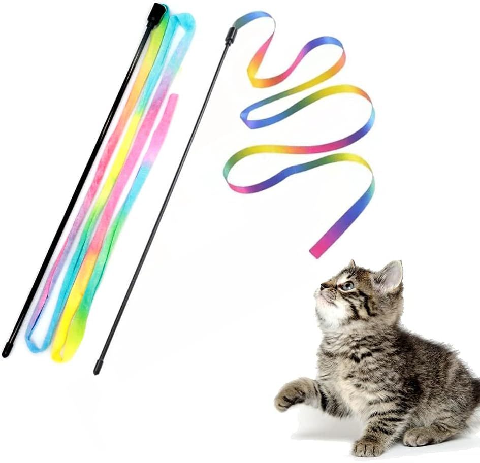 Interactive Cat Rainbow Teaser Wand with Colorful Ribbon