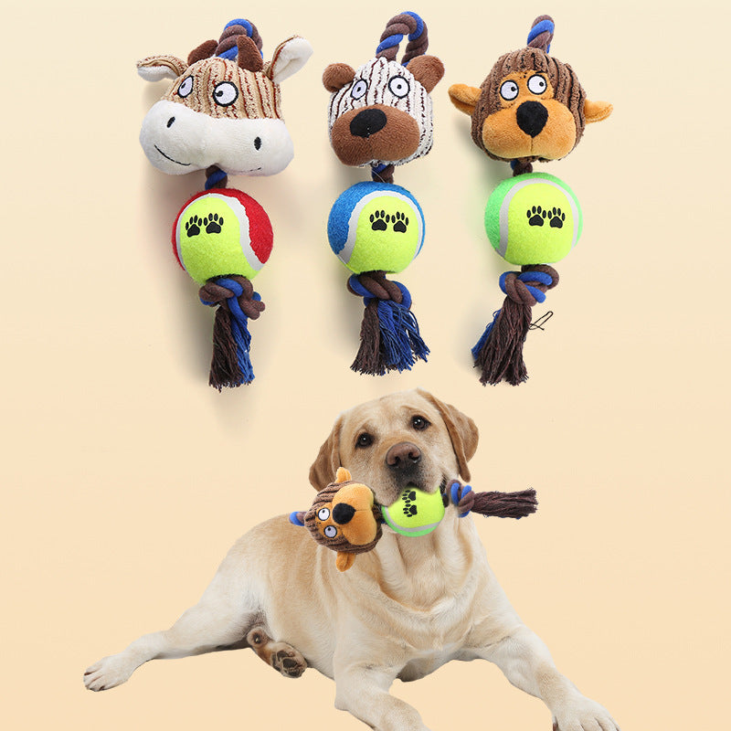 Pet Dog Toy – Corduroy Tennis Ball with Cotton Rope, Bite-Resistant, Interactive Sound.