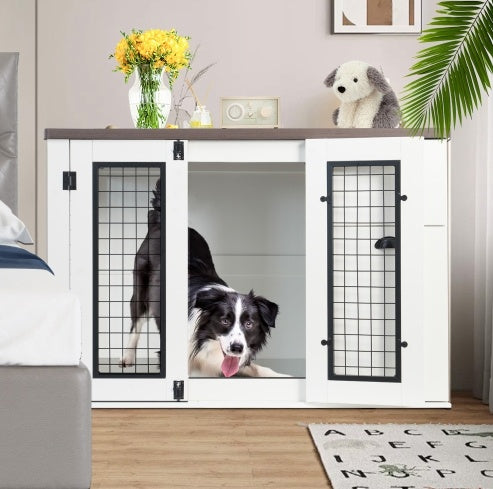 Wooden Furniture-Style Dog Cage, Double Door with Side Cabinet.